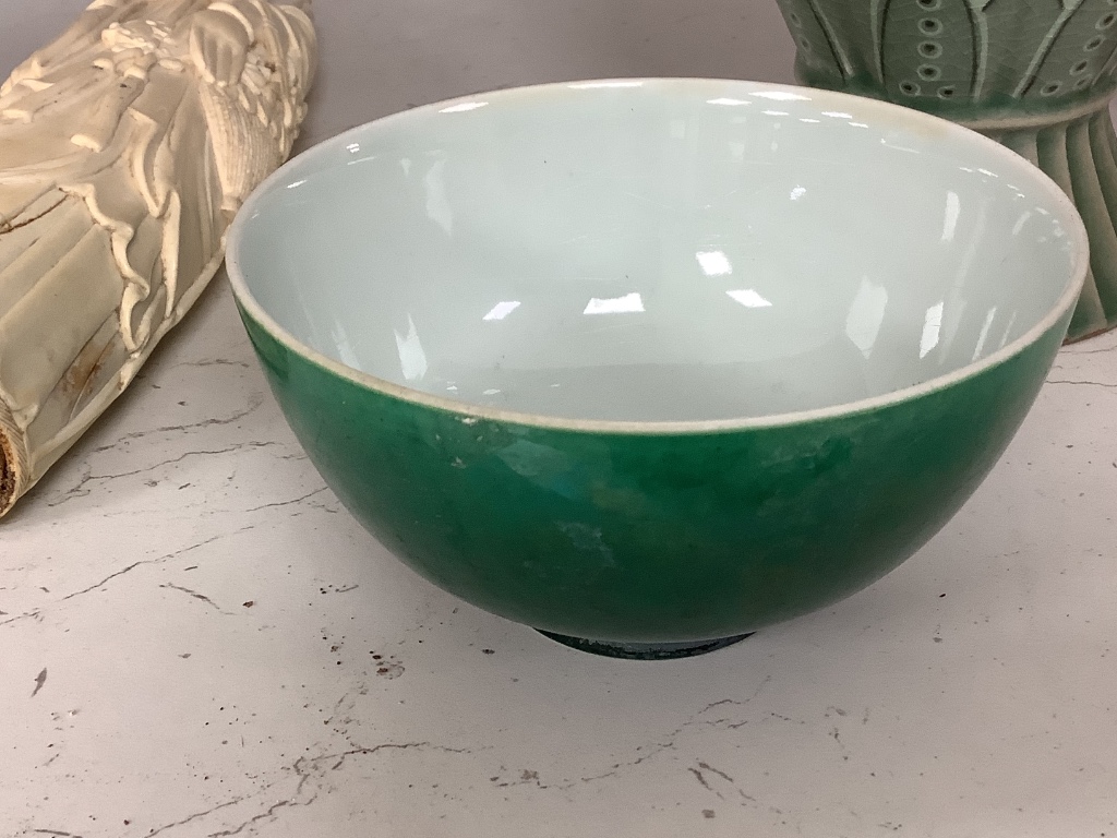 A Chinese green glazed bowl and a Korean celadon vase, height 27cm